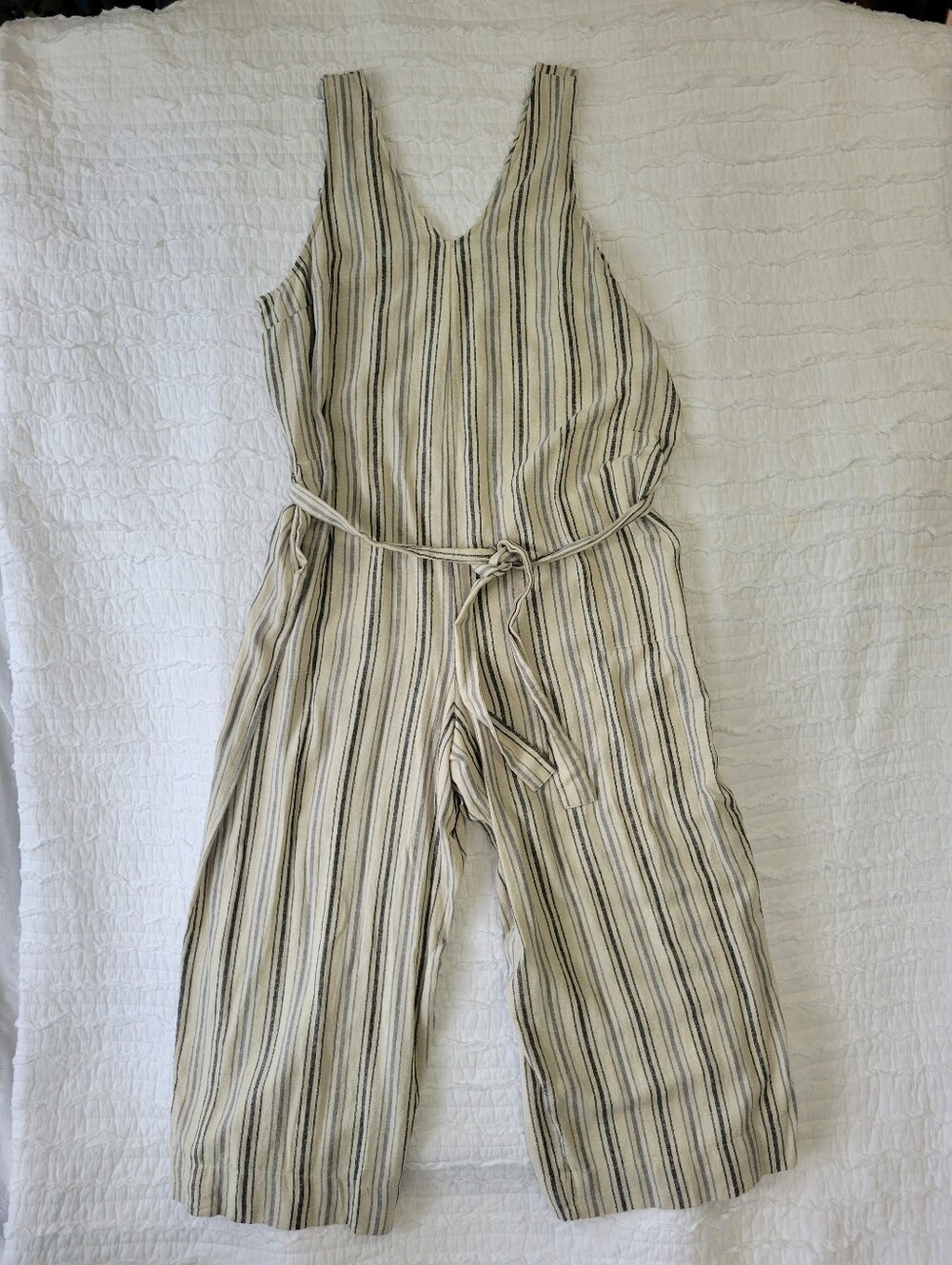 Sonoma Cream and Black Striped Sleeveless Tie-Waist Jumpsuit